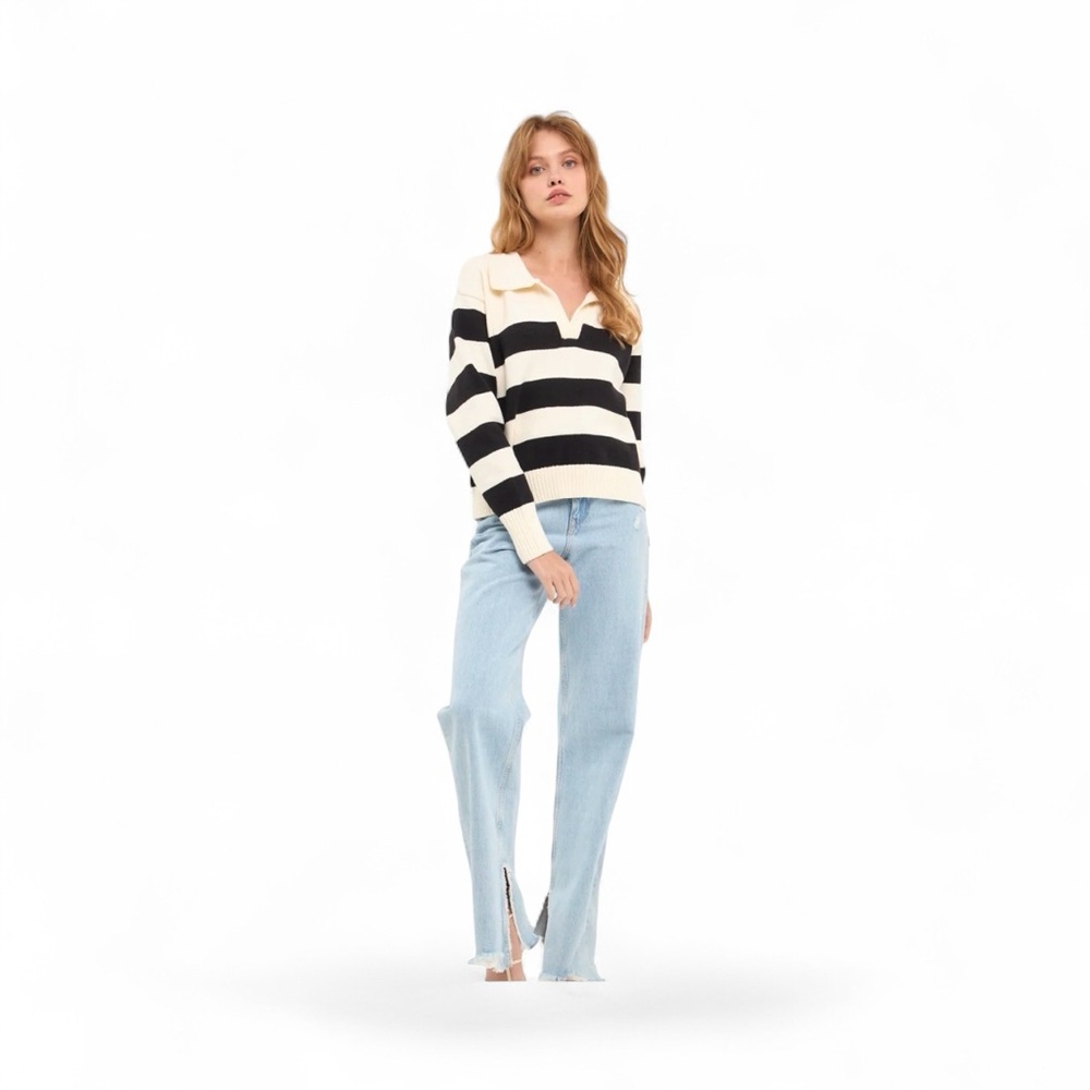 English Factory Wide Stripe V-Neckline With Collar Sweater Size M
